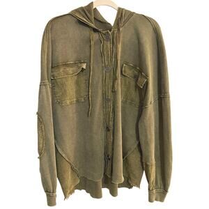 NWOT Easel Sz L Green Mineral Wash Hooded Shacket Waffle Knit mixed Media Grunge